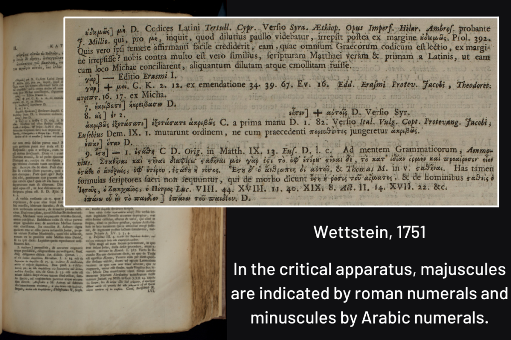 Zoom in on apparatus from Wettstein's Greek New Testament edition illustrating his use of Roman numerals for majuscule manuscripts and numbers for minuscule manuscripts.